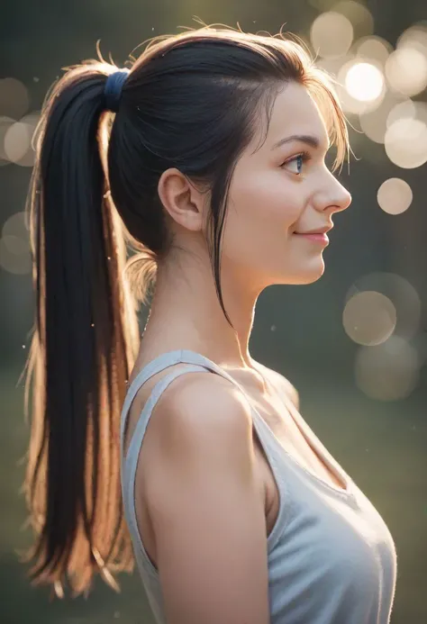 score_9, score_8_up, score_7_up, realistic photograph, depth of field, bokeh, 1girl, light smile, black hair, long hair, profile, blue eyes, high ponytail