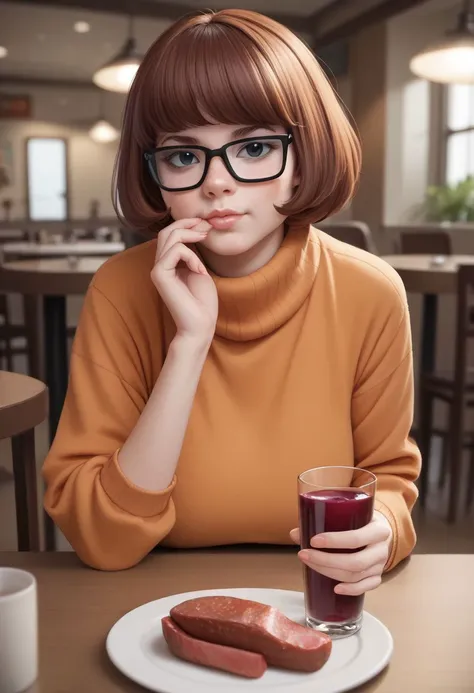 score_9, score_8_up, score_7_up, CONCEPT_PovDating_ownwaifu, velma dinkley from the tv show scooby doo , 1girl, food, plate, looking at viewer, drinking glass, cup, phone, table, indoors, sitting, restaurant, wine glass, smartphone, chair, blurry, meat, pov across table, pov dating