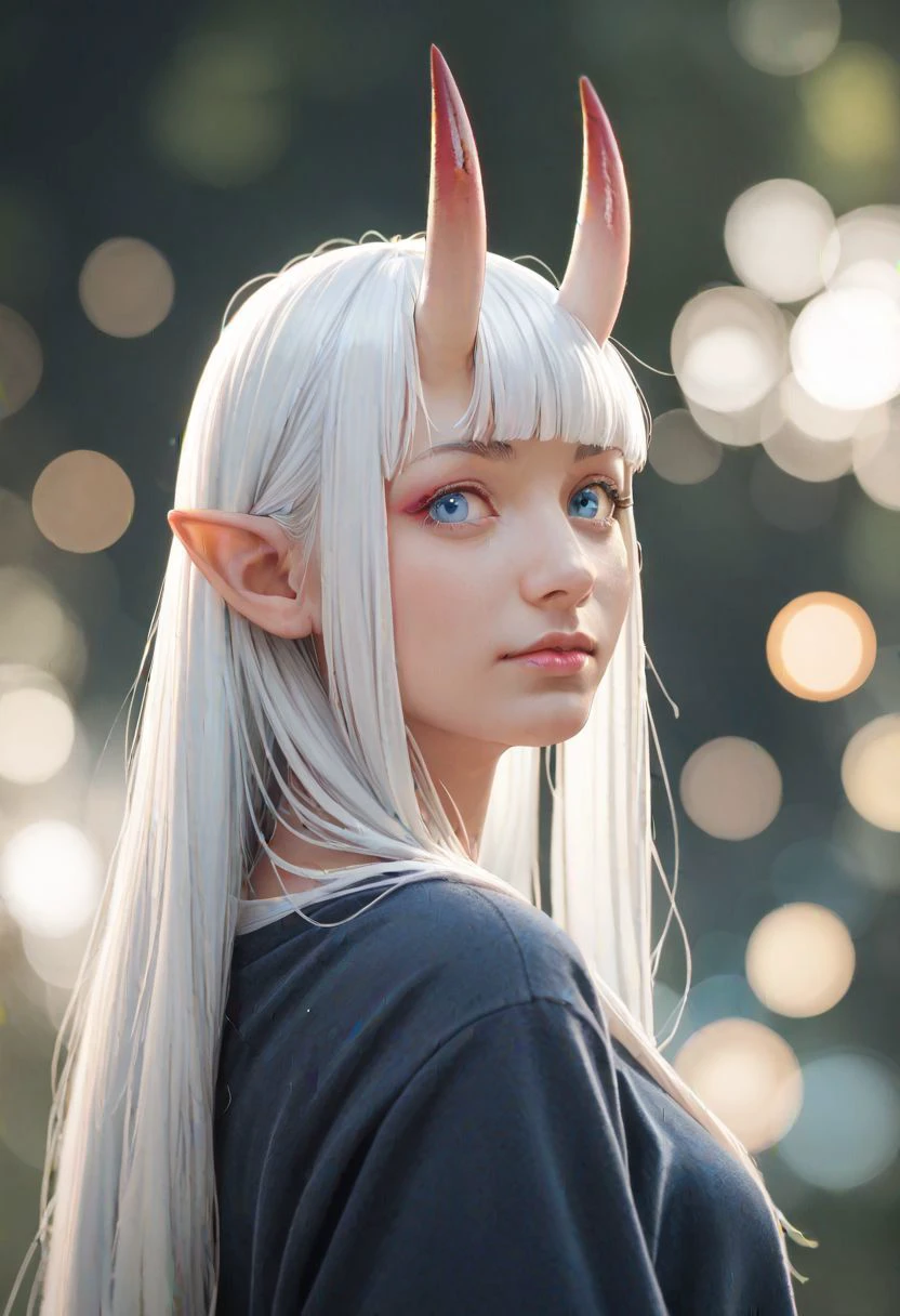 score_9, score_8_up, score_7_up, realistic photograph, depth of field, bokeh, female, humanoid pointy ears, blue eyes, white hair, blunt bangs, long hair, oni horn,