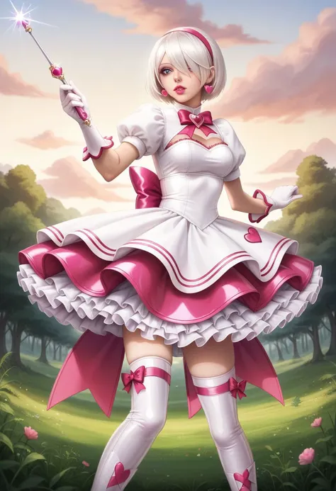(score_9, score_8_up, score_7_up), 1girl, YoRHa 2B, hair over one eye, short hair, white hair, masterpiece, best quality, absurdres, (pastel theme) latex magical girl, puffy magical girl dress, pastel colors, kawaii, frilled skirt, thighhighs, puffy short sleeves, gloves, tiara hairband, gem brooch, bow, ribbons, lace trim, frills, glossy latex fabric,
lipstick, long eyelashes, eyeshadow, eyeliner, mascara, makeup,
outdoors, nature, clouds, heart earrings, heart accessories, jewelry, frilled boots, solo, magical girl pose, holding magical girl wand
