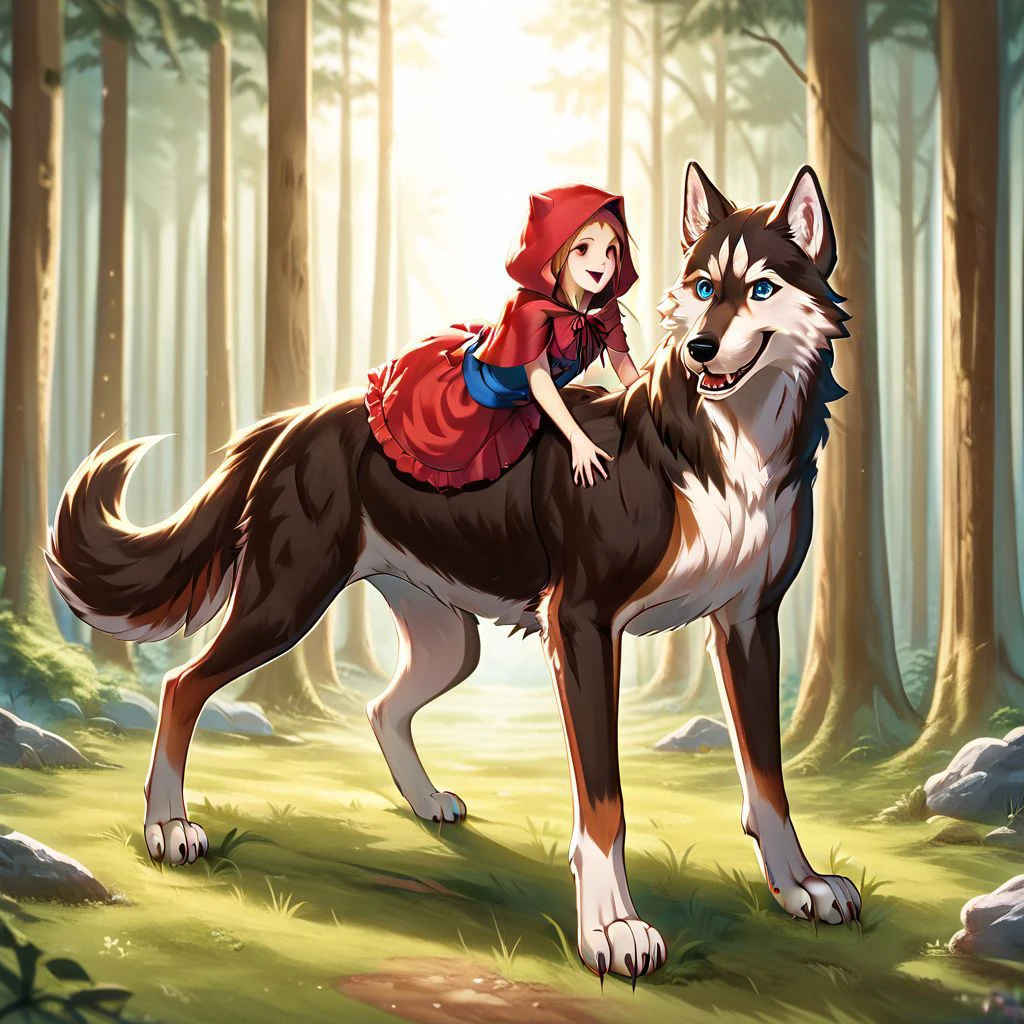 girl as littleiding hood riding the big bad wolf through the forest