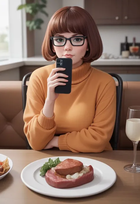 score_9, score_8_up, score_7_up, CONCEPT_PovDating_ownwaifu, velma dinkley from the tv show scooby doo , 1girl, food, plate, looking at viewer, drinking glass, cup, phone, table, indoors, sitting, restaurant, wine glass, smartphone, chair, blurry, meat, pov across table, pov dating