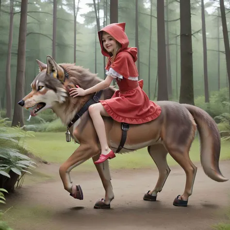little girl as little red riding hood riding the big bad wolf through the forest