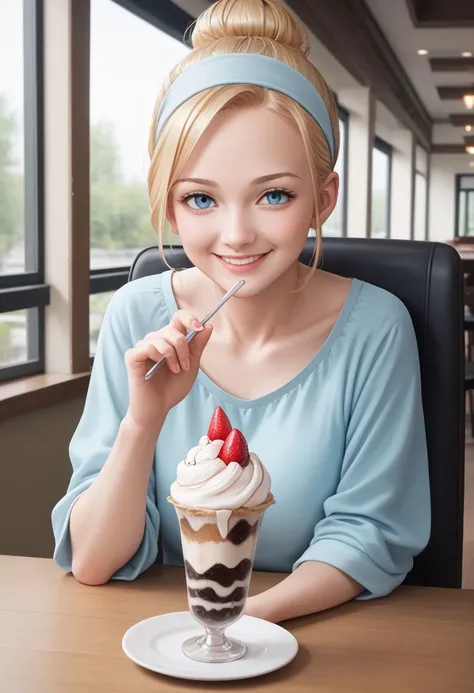 score_9, score_8_up, score_7_up,CONCEPT_PovDating_ownwaifu, cinderella, 1girl, blonde hair up in a bun with a light blue headband, cup, smile, window, looking at viewer, indoors, pov across table, cafe, sitting, parfait, food, ice cream, upper body, chair, saucer, pov dating,