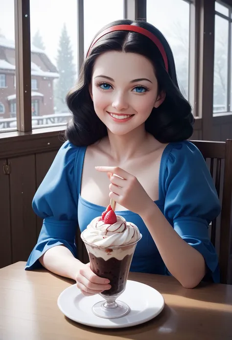 score_9, score_8_up, score_7_up,CONCEPT_PovDating_ownwaifu, snow white, 1girl, cup, smile, window, looking at viewer, indoors, pov across table, cafe, sitting, parfait, food, ice cream, upper body, chair, saucer, pov dating,