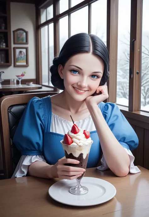 score_9, score_8_up, score_7_up,CONCEPT_PovDating_ownwaifu, snow white, 1girl, cup, smile, window, looking at viewer, indoors, pov across table, cafe, sitting, parfait, food, ice cream, upper body, chair, saucer, pov dating,