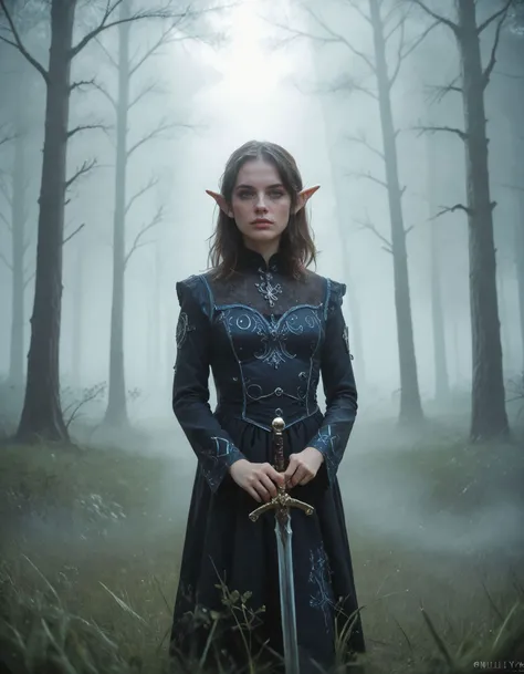 photo, realistic, irl, young woman, elf, warrior, holding sword, early morning, fog, field, castle in background, establishing shot, deep decolette, 
score_9, score_8_up, score_7_up, 8k, very detailed,
1girl, solo, very detailed, high detailed texture, depth of field, early morning light, dimly lit, night light, cinematic illumination, volumetric lighting,
<lora:1dkXLP:0.7>