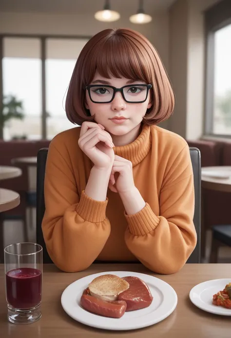 score_9, score_8_up, score_7_up, CONCEPT_PovDating_ownwaifu, velma dinkley from the tv show scooby doo , 1girl, food, plate, looking at viewer, drinking glass, cup, phone, table, indoors, sitting, restaurant, wine glass, smartphone, chair, blurry, meat, pov across table, pov dating