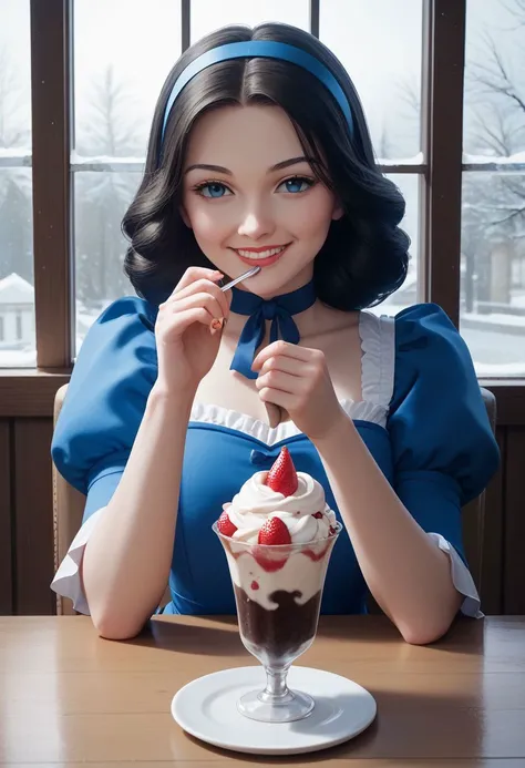 score_9, score_8_up, score_7_up,CONCEPT_PovDating_ownwaifu, snow white, 1girl, cup, smile, window, looking at viewer, indoors, pov across table, cafe, sitting, parfait, food, ice cream, upper body, chair, saucer, pov dating,