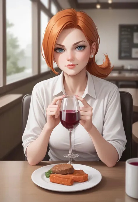 score_9, score_8_up, score_7_up, CONCEPT_PovDating_ownwaifu, vicky from the tv the fairly odd parents, 1girl, food, plate, looking at viewer, drinking glass, cup, phone, table, indoors, sitting, restaurant, wine glass, smartphone, chair, blurry, meat, pov across table, pov dating