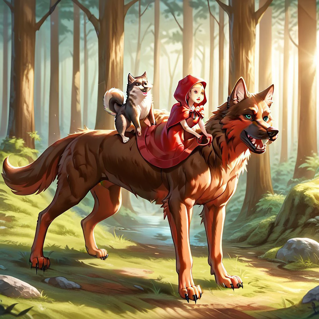 girl as littleiding hood riding the big bad wolf through the forest