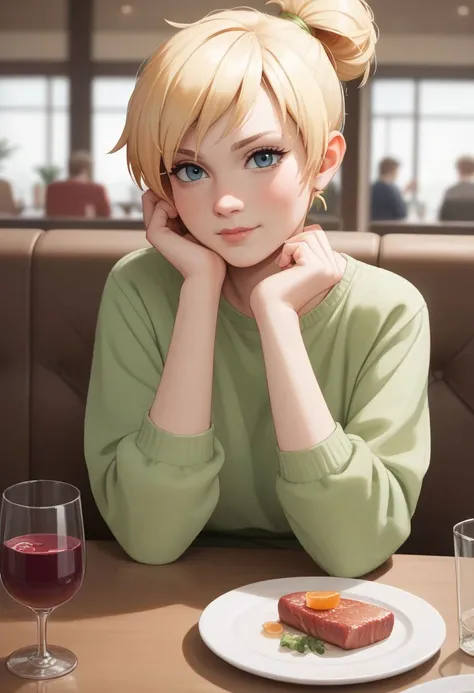 score_9, score_8_up, score_7_up, CONCEPT_PovDating_ownwaifu, tinkerbell from the peter pan , 1girl, food, plate, looking at viewer, drinking glass, cup, phone, table, indoors, sitting, restaurant, wine glass, smartphone, chair, blurry, meat, pov across table, pov dating