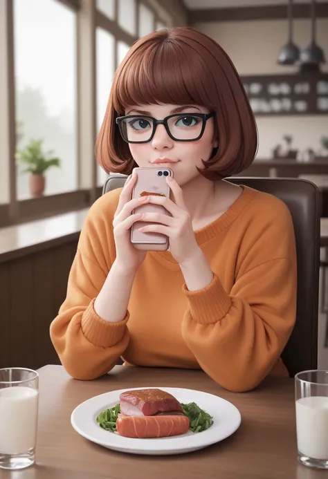 score_9, score_8_up, score_7_up, CONCEPT_PovDating_ownwaifu, velma dinkley from the tv show scooby doo , 1girl, food, plate, looking at viewer, drinking glass, cup, phone, table, indoors, sitting, restaurant, wine glass, smartphone, chair, blurry, meat, pov across table, pov dating