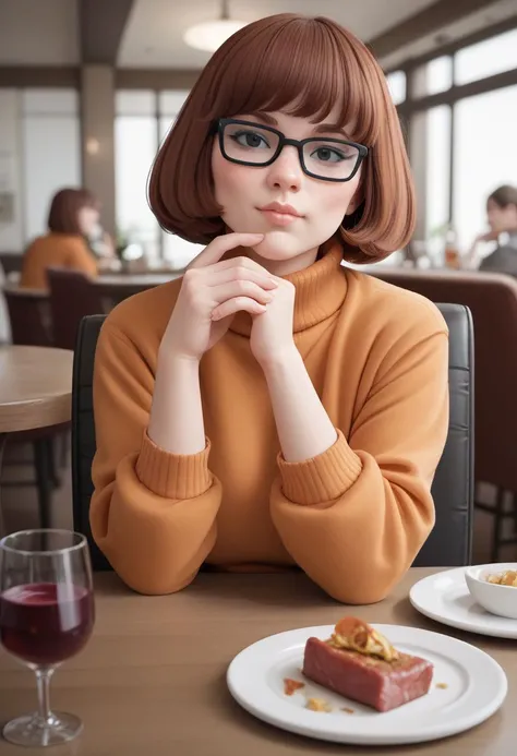 score_9, score_8_up, score_7_up, CONCEPT_PovDating_ownwaifu, velma dinkley from the tv show scooby doo , 1girl, food, plate, looking at viewer, drinking glass, cup, phone, table, indoors, sitting, restaurant, wine glass, smartphone, chair, blurry, meat, pov across table, pov dating
