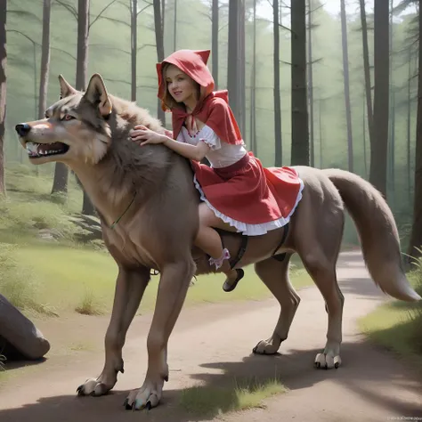 little red riding hood riding the big bad wolf through the forest
