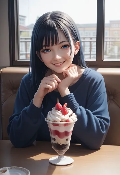 score_9, score_8_up, score_7_up,CONCEPT_PovDating_ownwaifu, mulan, 1girl, cup, smile, window, looking at viewer, indoors, pov across table, cafe, sitting, parfait, food, ice cream, upper body, chair, saucer, pov dating,