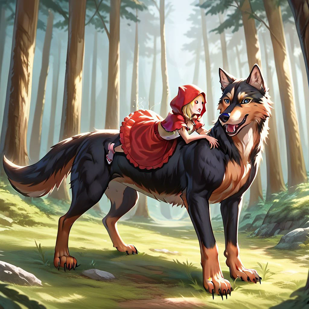 girl as littleiding hood riding the big bad wolf through the forest