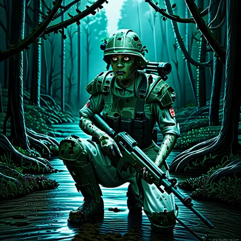 score_9, score_8_up, score_7_up, score_6_up, score_5_up, score_4_up, source_western, BREAK, a female soldier on one knee in a swamp holding a rifle, dark, horror_(theme), uniform, armor, helmet, boots, rifle, science fiction, flashlight, mud, rain, trees, vines, uscmc