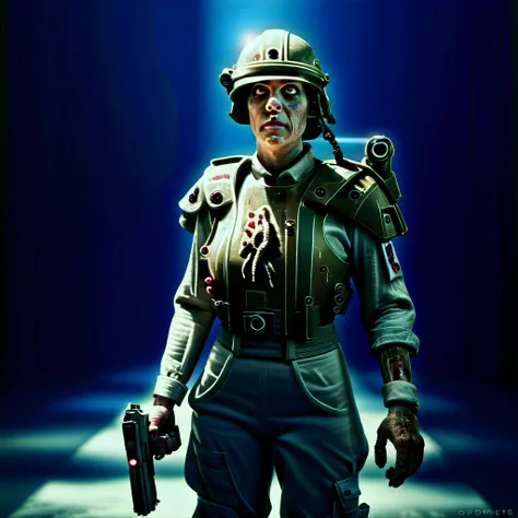 score_9, score_8_up, score_7_up, score_6_up, score_5_up, score_4_up, source_western, BREAK, a female soldier standing in a starship corridor aiming a weapon, dark, horror_(theme), uniform, armor, helmet, flashlight, pistol, uscmc