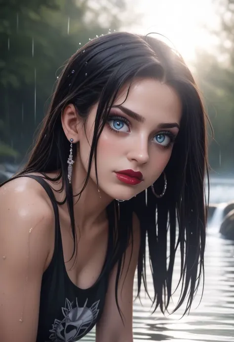 score_9, score_8_up, score_7_up, photograph, analog style, real life, extremely beautiful, (highly detailed, intricately detailed), masterpiece, 8k, HDR, best quality, (highly detailed skin), (alluring eyes), (an emo girl), freckles, intricate tattoos, lipstick, mascara, earrings, leaning forward, (extreme face close up), embarrased, (river, under the rain, wet body, wet hair), dappled lighting, (backlighting:0.7), film grain, photographed on a Sony A7R IV, 18mm F/1.7 cine lens
