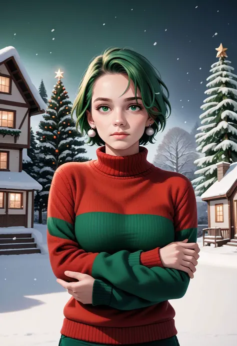 aszkstzz, 1girl, solo, green hair, sweater, snow, short hair, looking at viewer, green eyes, earrings, tree, snowing, christmas, outdoors, jewelry, lips, holding own arm, long sleeves, winter, turtleneck, green sweater, red sweater, hand on own arm, tail, pine tree, house, stairs, closed mouth, standing  zPDXL