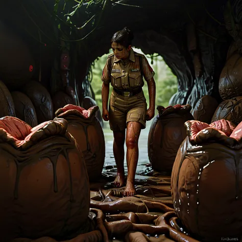 score_9, score_8_up, score_7_up, score_6_up, score_5_up, score_4_up, source_anime, BREAK, a woman in military uniform standing in a group of xenoeggs in a jungle cave, wet, muddy,