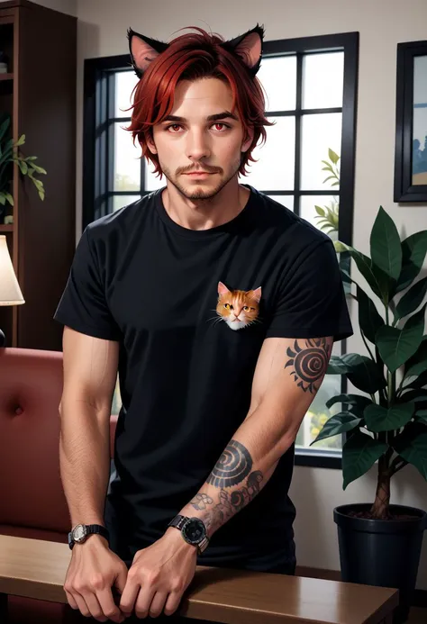 aszkstzz, 1boy, male focus, tattoo, animal ears, solo, shirt, facial hair, red hair, indoors, plant, watch, red eyes, beard, window, cat ears, t-shirt, looking at viewer, wristwatch, lamp, arm tattoo, black shirt, stubble, potted plant, arm hair, muscular, cat boy, realistic, short hair, pillow  zPDXL