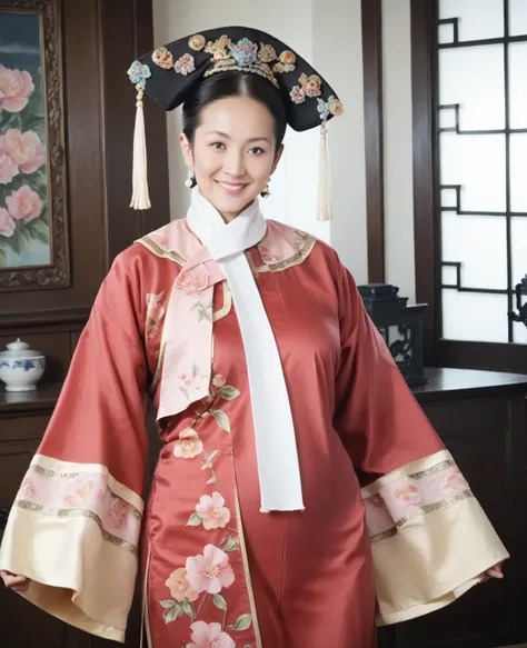 score_9,score_8_up,score_7_up,RAW photo,photorealistic,realistic,
BREAK cowboy shot,1girl,solo,smile,looking at viewer,
red qingchao,woman in a traditional chinese dress poses for a picture,woman wearing a qingchao_dress,short hair,headdress,qingchao_scarf,mature woman,curvy,<lora:edgQingChaoPonyv1:1>,