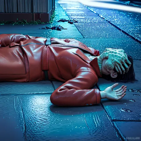 score_9, score_8_up, score_7_up, score_6_up, score_5_up, score_4_up, source_cartoon, BREAK, a woman in a red jacket lying on the ground with a fchgr covering her face, fchgr, monster, alleyway, night time, neon light, puddles, rain,