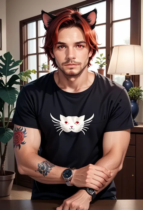 aszkstzz, 1boy, male focus, tattoo, animal ears, solo, shirt, facial hair, red hair, indoors, plant, watch, red eyes, beard, window, cat ears, t-shirt, looking at viewer, wristwatch, lamp, arm tattoo, black shirt, stubble, potted plant, arm hair, muscular, cat boy, realistic, short hair, pillow  zPDXL