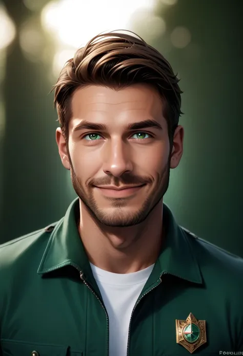 aszkstzz, 1boy, solo, male focus, facial hair, realistic, beard, smile, brown hair, portrait, looking at viewer, green eyes, jacket, stubble, green background, green jacket, realistic photograph, professional photographer, depth of field, bokeh zPDXL