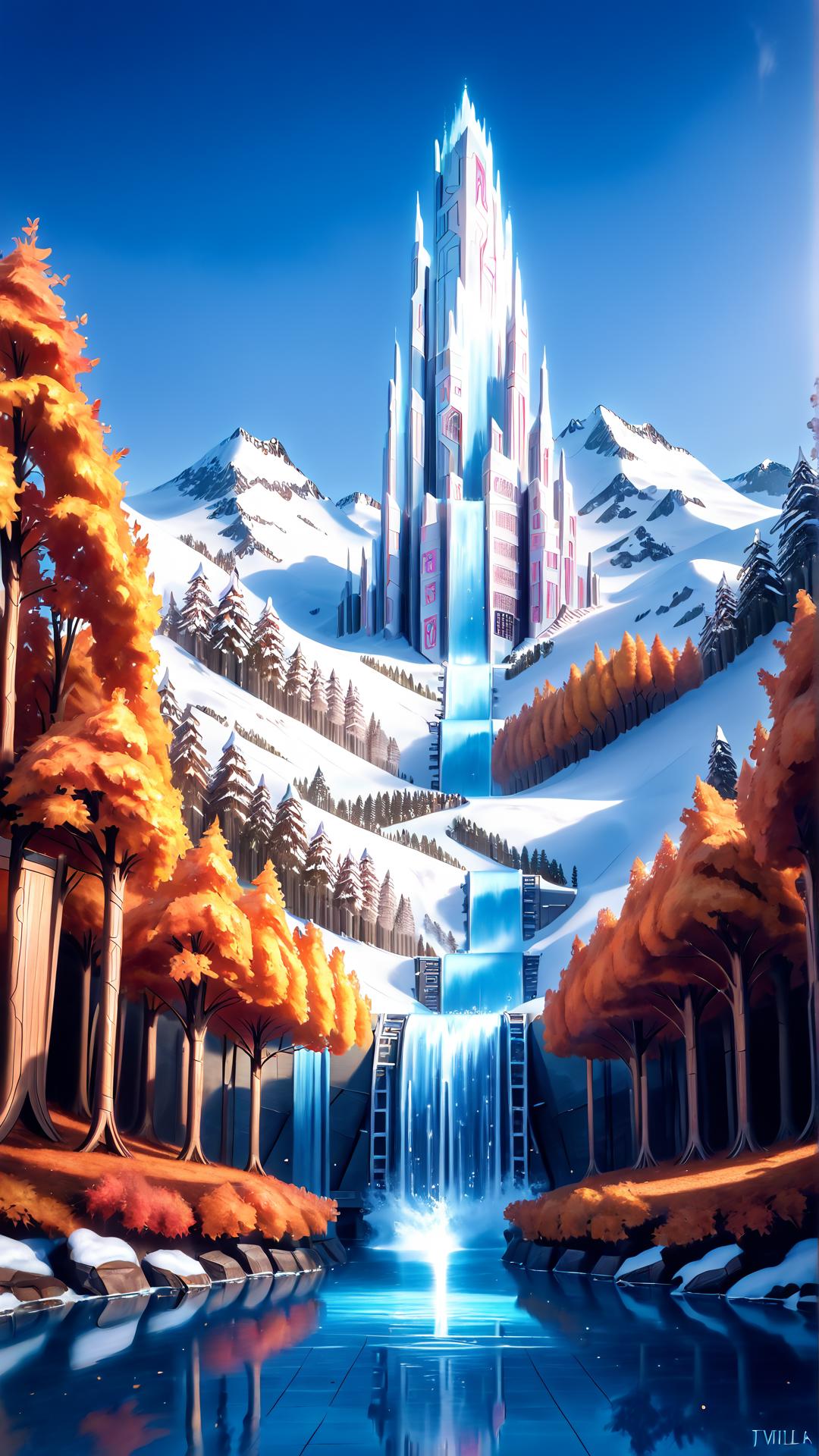 A painting of a waterfall in the middle of a forest - SeaArt AI