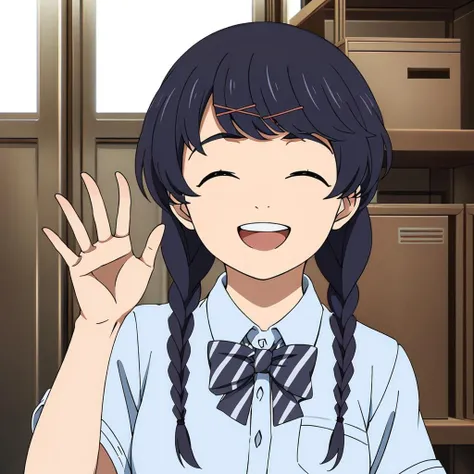 masterpiece,highres,high quality,extremely detailed,solo,
<lora:MinaNono001:0.7>,closed eyes,smile,open mouth,
MinaNono,1girl,
twin braids,
school uniform,bow,shirt,
hand up,