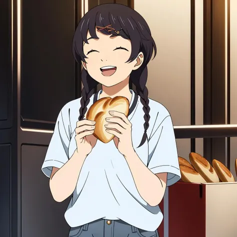 masterpiece,highres,high quality,extremely detailed,solo,
<lora:MinaNono001:0.7>,closed eyes,open mouth,smile,
MinaNono,1girl,
twin braids,
shirt,pants,
eating bread,have bread,
