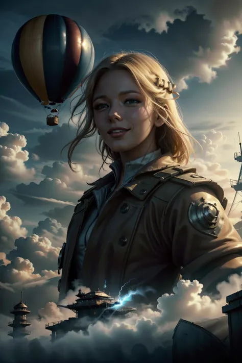 <lora:blake-04:1> (bl4k3:1.4),blonde hair, (focus on character:1.1), portrait, solo, half shot, detailed background, detailed face, (<lyco:PunkBundleAI:0.4>, teslapunkai, retro-futuristic theme:1.1), aristocratic pose, smiling, ruling class, elegant clothing, looking over floating (cloud city:1.1), cloudtop sky-city, floating platforms, floating buildings, bridges, clouds in background, balloon in background, epic atmosphere,