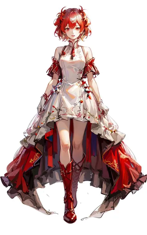 <lora:fymt:0.85:1,0,0,0,0,0,0,0,1,1,1,1,1,1,1,1,1>, ((masterpiece)),(((bestquality))),((ultra-detailed)),((illustration)),1girl,solo, looking at viewer,red eyes,(red wedding dress:1.5), simple background, white background, full body,boots,white stockings