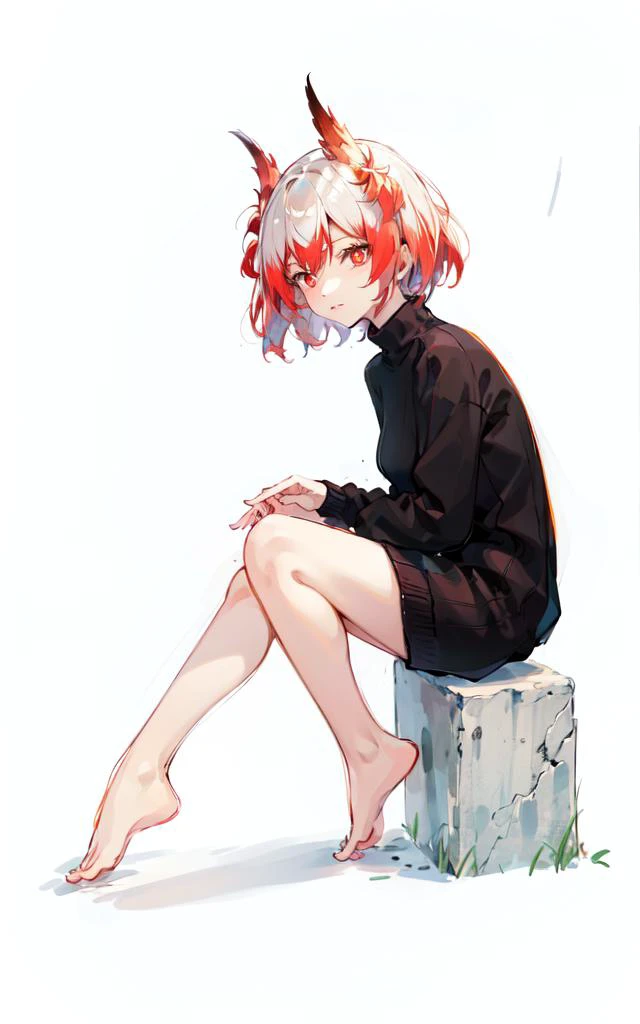 <lora:fymt:0.85:1,0,0,0,0,0,0,0,1,1,1,1,1,1,1,1,1>, ((masterpiece)),(((bestquality))),((ultra-detailed)),((illustration)),1girl,solo,red eyes,(black sweater:1.5), simple background, white background, full body,white skirts,from side,sitting, barefoot,