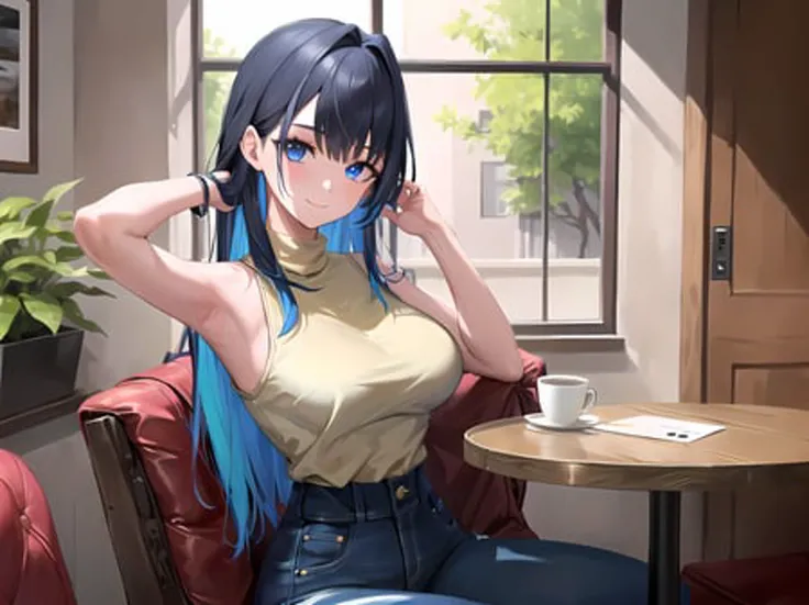 (masterpiece:1.3), (absurdres:1.3), (best quality:1.3), (ultra-detailed:1.3),(best shadow:0.7), (handled hair), (sharp eyeliner, eyeshadow, detailed eyes:1.1), perfect anatomy, BREAK, 1girl, solo, <lora:ouroKroniiHololive_v10:0.9>, Ouro Kronii, long hair, hair intakes, sleeveless, multicolored hair, large breasts, armpits, pants, cross-laced clothes, sweater, , turtleneck, denim, turtleneck sweater, high-waist pants, bare shoulders, light smile, closed mouth, floating hair, BREAK modern, high class cafe, cafe, table, sitting on chair, wide shot, indoors, window, window shade,