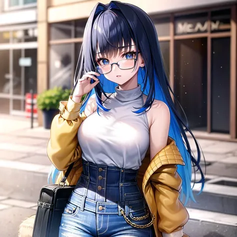 Ouro Kronii, 1girl, solo, <lora:ouroKroniiHololive_v10:1>, in city, masterpiece, high quality, best quality, 4k, long hair, multicolored hair, breasts, pants, bag, sweater, coat, turtleneck, denim, jeans, handbag, turtleneck sweater, high-waist pants, bare shoulders, sunglasses