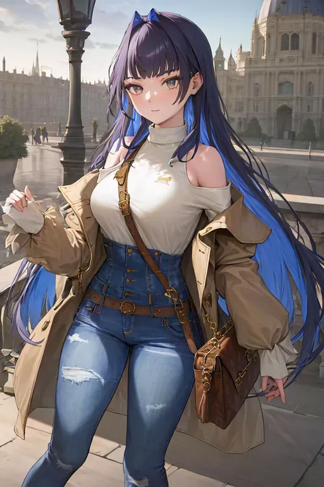 (((masterpiece))), (best quality),(highres)Ouro Kronii, 1girl, solo, long hair, multicolored hair, breasts, pants, bag, sweater, coat, turtleneck, denim, jeans, handbag, turtleneck sweater, high-waist pants, bare shoulders <lora:character-ouro_kronii-milf-v1:1>,,in the morning, no human, close up portrait, outdoors, 
London Suburbs, European style architecture, Classical, Gothic, Baroque, Renaissance, Neoclassical,