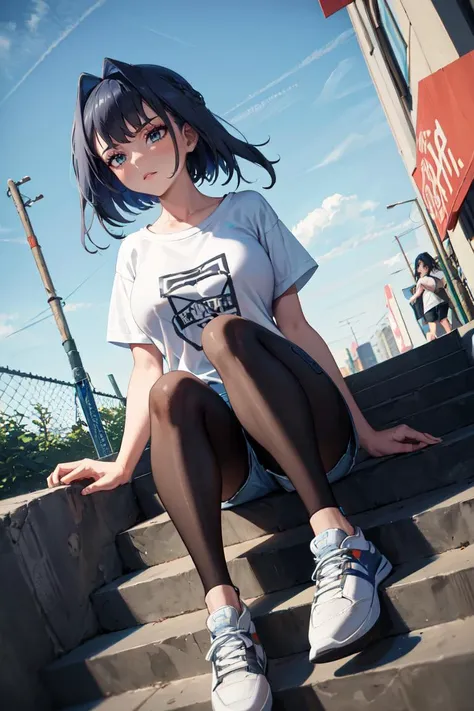 masterpiece, best quality, absurdres, 1girl, solo, OuroKronii, short hair, hair intakes, graphic tee, denim shorts, pantyhose under shorts, sitting, stairs, outdoors, city, sneakers, dutch angle, full body, <lora:CHAR-OuroKroniiV2:1>