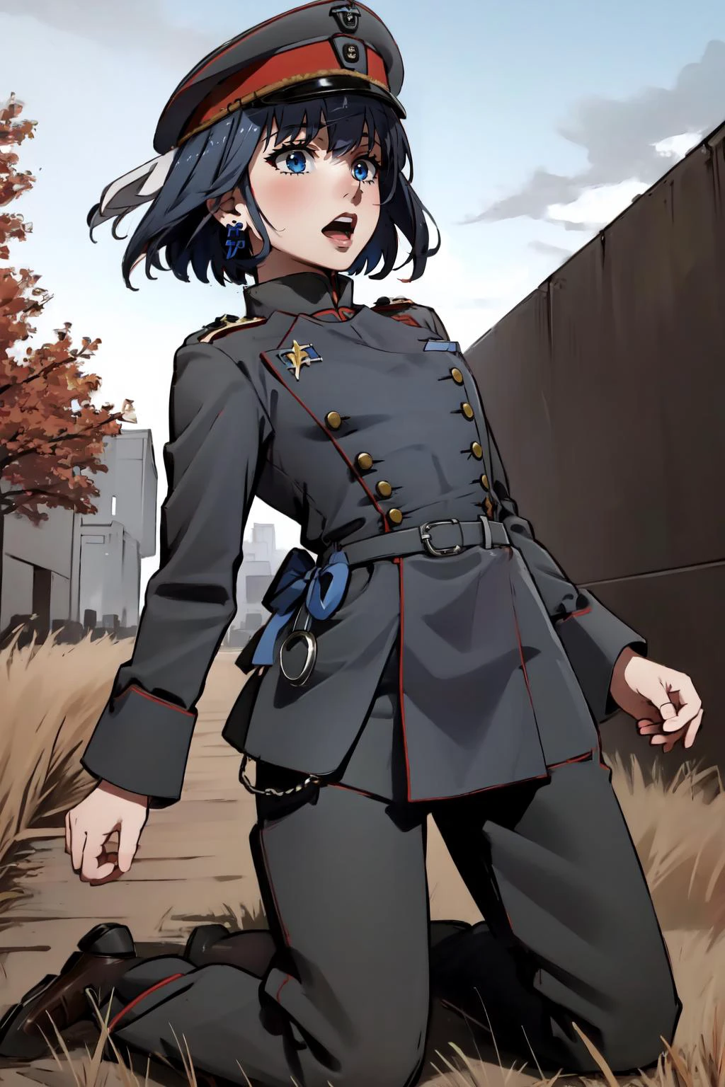 (masterpiece, best quality), intricate details,
1girl, solo, <lora:CHAR-OuroKroniiV2:0.8> OuroKronii, short hair, hair intakes, KroniiBase, short hair, hair intakes, chain, bow earrings, dark blue hair,
<lora:tunic1.1:0.8> uhlan tunic, military cap, military base, outdoors, world war ii, <lora:WryyyyyPose:0.8> IncrsWryyyyy, wryyyyyyyyyyyyyyyyyyyy, (bended knees:0.75)