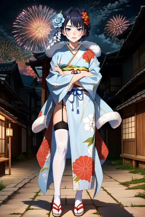 (masterpiece, best quality),  intricate details,
1girl,  solo,   <lora:CHAR-OuroKroniiV2:0.8> OuroKronii, short hair, hair intakes, KroniiNewYears, hair flower, hair bun, blue kimono, floral print, sash, white thighhighs, fur scarf, 
crossed arms,  sweating, hot, 
outdoors, japanese village, obon, festival, (fireworks:1.1), happy, night time, starry sky,