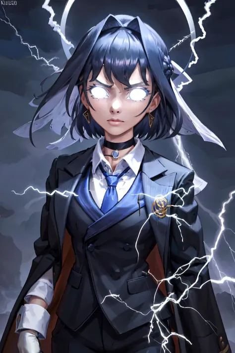masterpiece, best quality, absurdres, 1girl, solo, IncrsLowTier, electricity, glowing eyes, <lora:LowTierMeme:1>, <lora:CHAR-OuroKroniiV2:0.8>, KroniiMafia, short hair, hair intakes, collared shirt, necktie, formal, suit, gloves, pants, choker