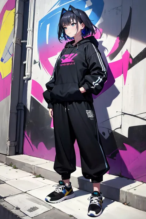 masterpiece, best quality, absurdres, 1girl, solo, OuroKronii, short hair, hair intakes, urban and street style, graffiti-inspired colors, cool and edgy attire, baggy pants, oversized hoodie, stylish sneakers, fashionable accessories, hip hop jewelry, confident expression, graffiti walls, energetic and vibrant atmosphere, <lora:CHAR-OuroKroniiV2:1>