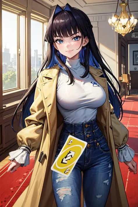 masterpiece, best quality, absurdres, 1girl, solo, IncrRvrsCard, holding, card, holding card, playing card, arrow \(symbol\), KroniiCasual, long hair, hair intakes, turtleneck, brown coat, jeans, smile, smug, indoors, <lora:UnoReverseCard:1.1>, <lora:CHAR-OuroKroniiV2:0.8>