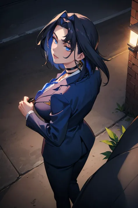 masterpiece, best quality, <lora:CHAR-OuroKroniiV2:1> OuroKronii, KroniiMafia, short hair, hair intakes, collared shirt, necktie, formal, suit, gloves, pants, choker, large breasts, from behind, (from above:1.4), alleyway, night, darkness