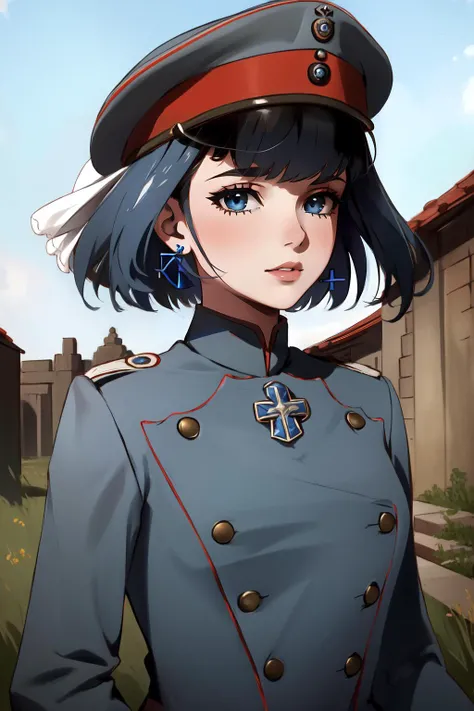 (masterpiece, best quality), intricate details,
1girl, solo, <lora:CHAR-OuroKroniiV2:0.8> OuroKronii, short hair, hair intakes, KroniiBase, short hair, hair intakes, chain, bow earrings, dark blue hair,
<lora:tunic1.1:0.8> uhlan tunic, military cap, military base, outdoors, world war ii,