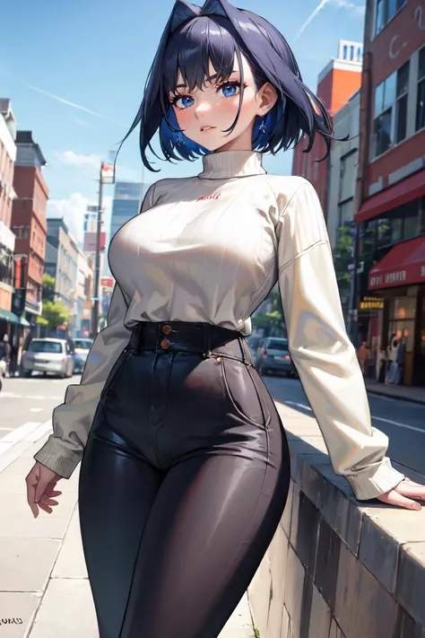 masterpiece, best quality, absurdres, 1girl, solo, OuroKronii, short hair, hair intakes, sweater, ribbed sweater, long sleeves, high-waist pants, outdoors, city, <lora:CHAR-OuroKroniiV2:1>