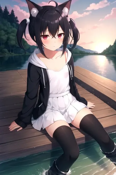 1girl, flat chest, short hair, black hair, ahoge, messy hair, payot, twintails, short twintails, animal ears, animal ear fluff, bat ears, bangs, hair between eyes, bat hair ornament, expressionless, empty eyes, red eyes, glowing eyes, white dress, short dress, pleated skirt, hooded jacket, black jacket, open jacket, open clothes, black hood, hood down, long sleeves, wide sleeves, sleeves past wrists, sleeves past fingers, black thighhighs, zettai ryouiki, boots, black footwear, lake, trees, boats, sunset, pier, reflection, peaceful, small town, nature, tranquility, summer, water, sky, vacation, fishing, relaxation, Wisconsin, from_below, cinematic_angle, between_legs, masterpiece, best quality, official art, extremely detailed CG unity 8k wallpaper, artbook, yuzu-soft, kobuichi, muririn,